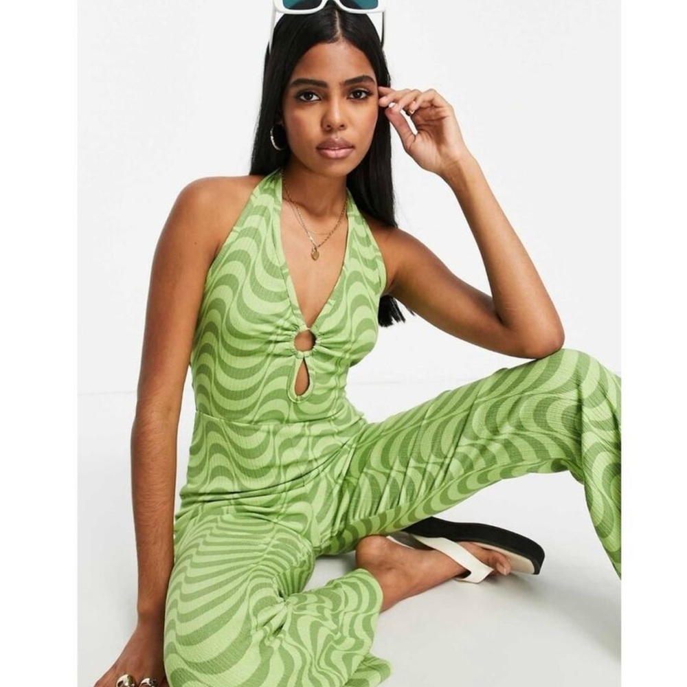 Wednesday's Girl Green Halter Retro Sleeveless Striped Flare Jumpsuit Size S